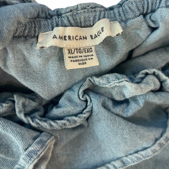 American Eagle Ruffled Bubble Crop Denim Blouse - Picture 2 of 6